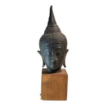 OLD VINTAGE THAILAND BRONZE SCULPTURE OF BUDDHA&#39;S HEAD - ON WOOD STAND - £112.96 GBP