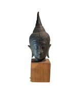 OLD VINTAGE THAILAND BRONZE SCULPTURE OF BUDDHA&#39;S HEAD - ON WOOD STAND - £112.88 GBP