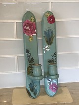 Vintage aqua hand painted shabby cottage roses Candle wall sconces pen &amp; ink 15&quot; - £19.46 GBP