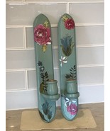 Vintage aqua hand painted shabby cottage roses Candle wall sconces pen &amp;... - $24.75
