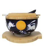 Yellow Moon White Rabbit Donburi Ramen Bowl With Lid Trivet Spoon Chopst... - $54.45 CAD
