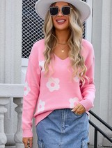 Flower V-Neck Long Sleeve Sweater - £31.55 GBP