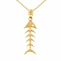 10k Solid Yellow Gold Fish Bone Skeleton Fishing Pendant Necklace - £105.74 GBP+
