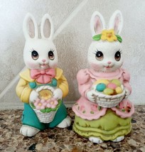 Vintage Lefton Anthropomorphic Easter Bunny Couple Holding Basket w Colored Eggs - £31.68 GBP