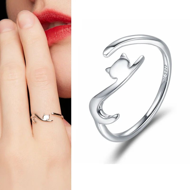 925 Sterling Silver Cat Open Finger Rings For Women Adjustable Pet Ears Paw Ring - £19.03 GBP