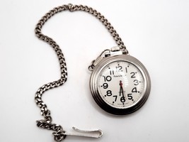Plow &amp; Hearth Quartz Pocket Watch New Battery Silver Tone With Chain Clip 50mm - £17.63 GBP