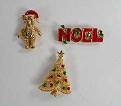 Christmas Holiday Brooch Pin Lot: AAI Teddy Bear &amp; Noel Pins, Berrie Tree - £6.15 GBP