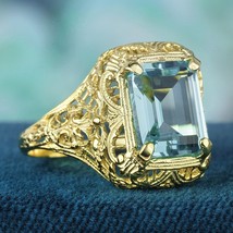 Natural Aquamarine Vintage Style Filigree Ring in Solid 9K Yellow Gold - £1,276.01 GBP
