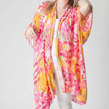 Kari Printed Lightweight Kimono Wrap Shawl Pink Orange Wildflowers - £22.94 GBP