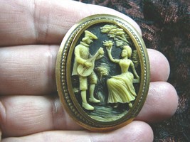 (CM75-3) MAN playing MANDOLIN Woman ivory + black oval CAMEO Pin Jewelry romance - £27.63 GBP