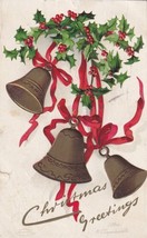 Christmas Greetings Postcard 1908 Golden Bells Holly Ellen Clapsaddle Fremont NE - £2.39 GBP