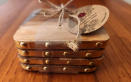 Nwt Set 4 Rustic Coasters WOOD/GOLD Studded Rimmed Square 4&quot; - £7.85 GBP