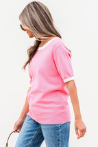 Bonbon Colorblock Bow V-Shape Cut Back Short Sleeve Sweater - $272.41 MXN