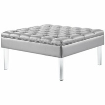 Posh Luke Tufted Faux Leather Oversized Ottoman with Acrylic Legs in Silver - £356.21 GBP