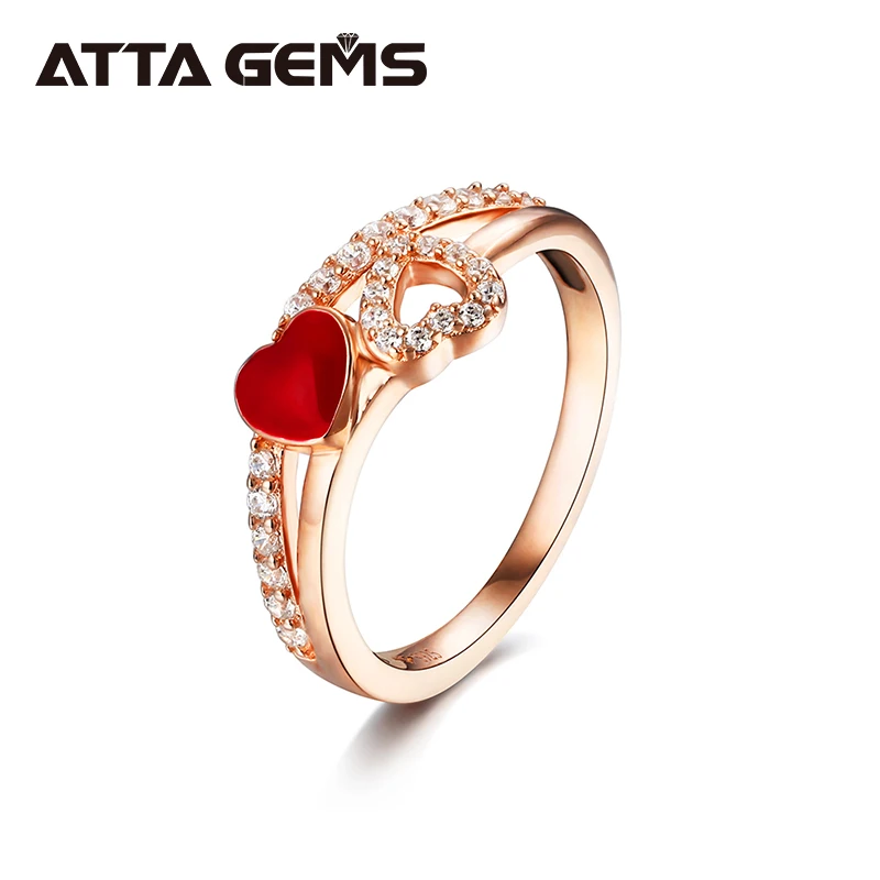  Silver S925 Rose  Plated Women&#39;s Ring Double Heart Shape Red Enamel Romantic St - $69.14