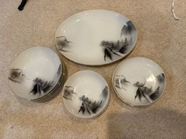 Vintage Japanese Kutani Porcelain Plates Bowls Platter Set Pagoda 17 Pieces - £26.76 GBP