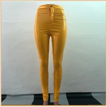 Bright Yellow Tight Fit Faux Leather High Waist Front Zip Up Legging Pencil Pant image 1