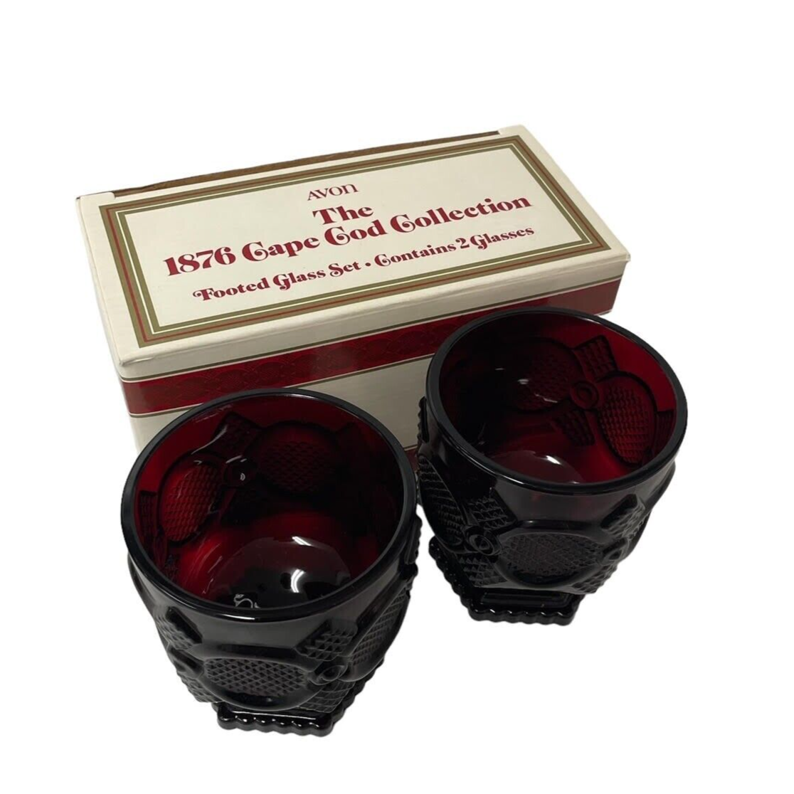 Primary image for Avon 1876 Cape Cod Collection Footed Glass Set Dark Red Set Of 2 New In Box
