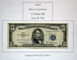 1953 Five Dollar Silver Certificate, # 746, silver certificate, vintage ... - £36.86 GBP