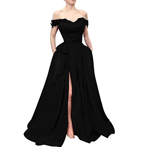 Beaded Lace Off The Shoulder Black Top Long Front Slit Evening Prom Dress US 16