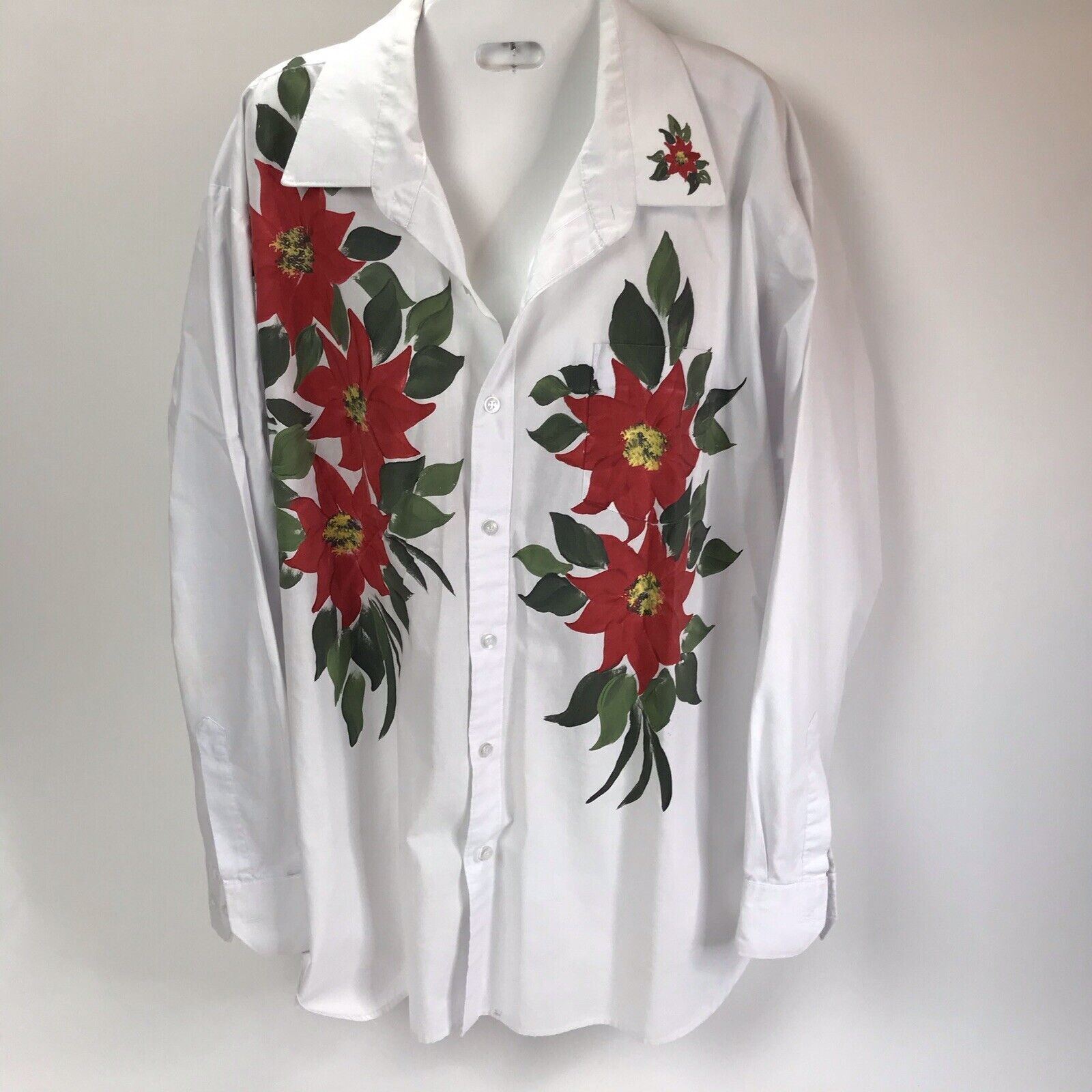 Primary image for Vintage Hand Painted Christmas Blouse XL Rene De France Poinsettias Art To Wear