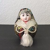 Vintage Japanese Princess Hime Daruma Doll Brocade Embroidery w/ Gofun Face - $19.95