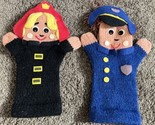 Vtg Lot 2 Russ Berrie Child Sz Hand Puppets Knitted Crocheted Police Fir... - $22.72
