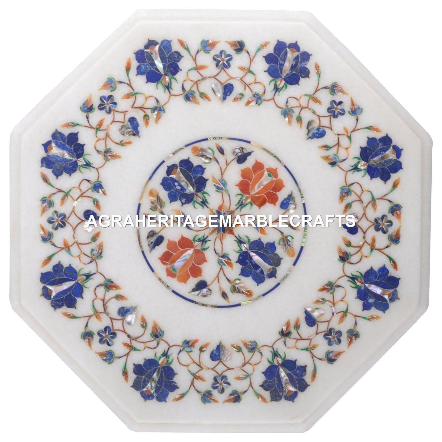 White Marble Coffee Table Top Rare Lapis Lazuli Inlay Marquetry Furniture H2473 - $304.26 - $406.02
