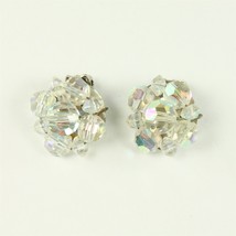 ✅ Vintage Pair Jewelry Clip On Earrings Clear Bead Flower Silver Plate MCM - £5.81 GBP