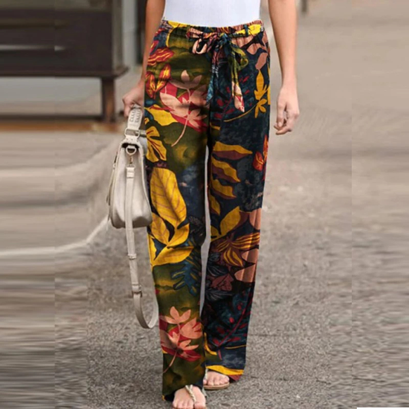 Women linen Pants Boho Ethnic Autumn Casual Drawstring Wide Leg Gypsy Hi... - $23.89