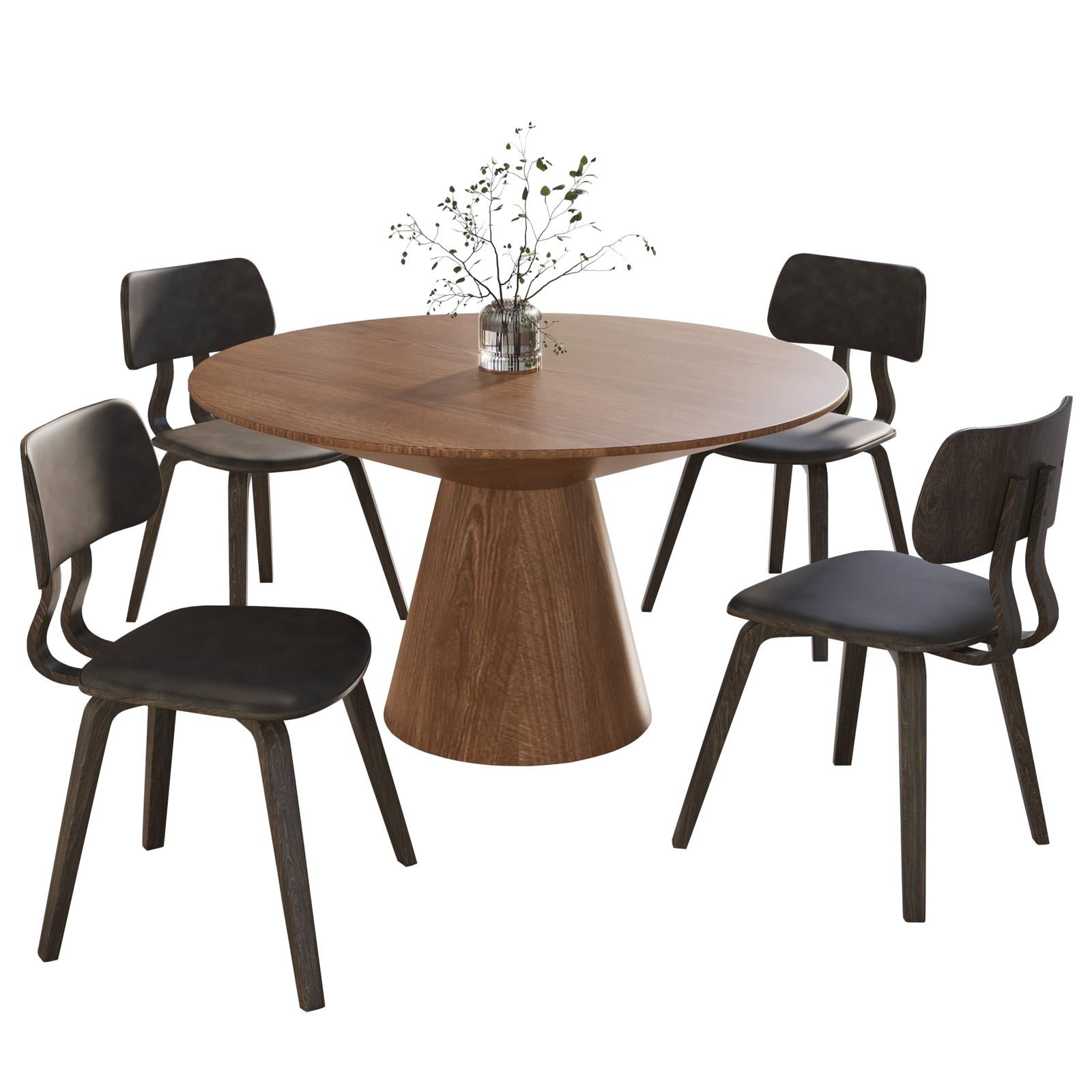 LeisureMod 5-Piece Dining Set  Round Ash Wood Table and 4 Brown Leather... - $1,143.66