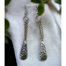 Vintage Floral Dangle Earrings Silver Tone Filagree Teardrop Chain - $14.95