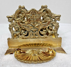 Stunning Solid Brass Letter Stand w Shell Clip Holder Floral Scroll Design - $36.14