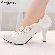 White Wedding Shoes Bride Heels For Women Platform Shoe Bridesmaid Pump Flower   - £60.95 GBP