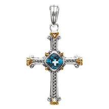 Sterling Silver and 14k Yellow Gold Swiss Blue Topaz Cross Pendant - £382.89 GBP