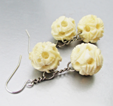 Sterling Silver Hand Carved Celluloid Vintage Dangle Pierced Earrings - $39.55