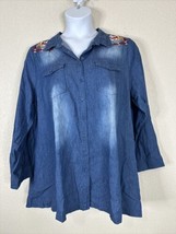 Andree By Unit Womens Plus Size 1X Chambray Floral Button-Up Shirt Long Sleeve - £14.07 GBP