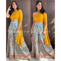 Haldi yellow stylish one shoulder blouse with sky blue heavy embroidered palazzo - $50.00