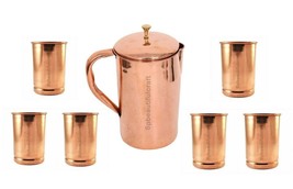 Copper Water Pitcher Jug Beautiful Pot 6 Tumbler Glass Ayurveda Health Benefits - £46.51 GBP
