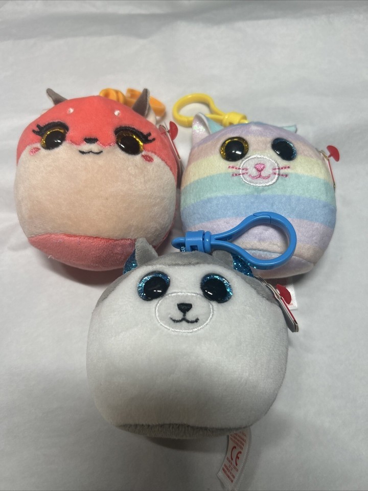 TY Squishee Beanies clips lot of 3: Roxie Fox, Slush Husky &amp; Heather Cat... - $11.99