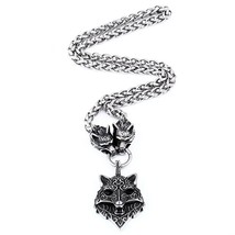 Large Viking Fenrir Wolf Necklace Stainless Steel Geri Freki Wolves Wheat Chain - £55.07 GBP