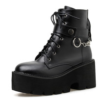 New Sexy Chain Women Leather Autumn Boots Block Heel Black Punk Style Platform S - £56.06 GBP
