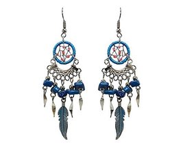 Mini Dream Catcher Long Chip Stone Colored Metal Feather Charm Fan Dangle Earrin - £7.97 GBP