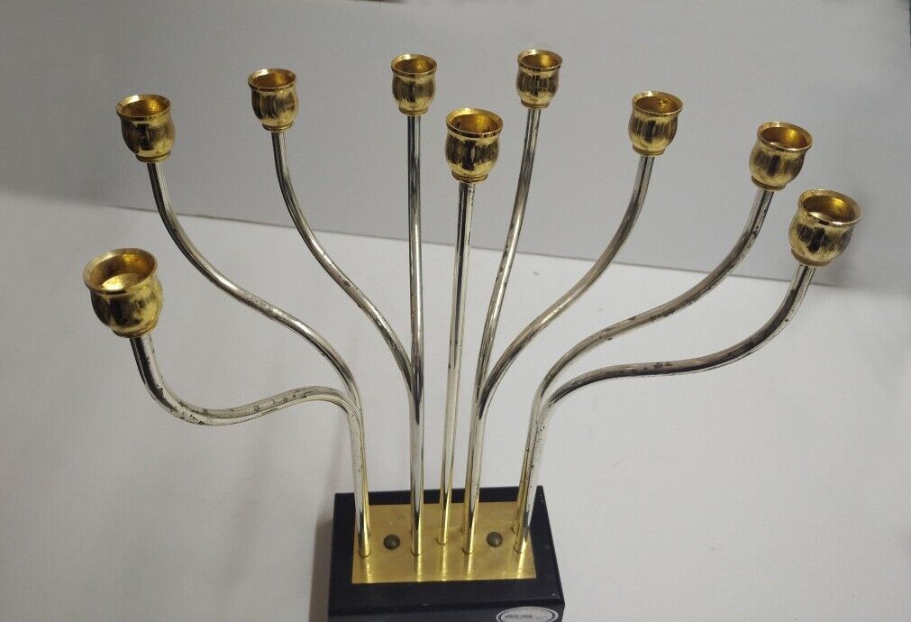 Aesthetic Vtg Judaica Modernist Gold- SilverPlate Kinetic Hanukkah Menor... - $117.76