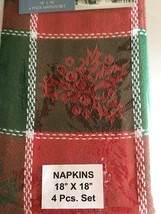 Christmas Holly Napkins in Green Red Check Set of 4 Country Home Cabin Lodge   - £19.17 GBP