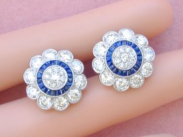 Estate 4.5ctw Diamond .80ctw Sapphire Halo Large Scalloped Cluster Stud Earrings - £4,667.37 GBP