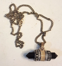 Faux Jet Black Onyx Crystal Rhinestone Barrel Pendant Silver Tone Chain NECKLACE - £31.50 GBP