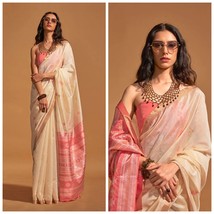 Off White Banarasi Silk Saree With Blouse Piece, Zari Weaving,  Free Shipping, G - £60.47 GBP