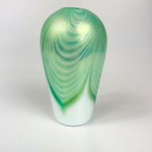 OBG Iridescent Signed Green Pulled Feather  Art Glass Bud Vase - £31.74 GBP