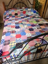 Vintage Feedsack Hexagon Quilt Top Colorful 1950s Feedsack &amp; Novelty Fab... - $94.99